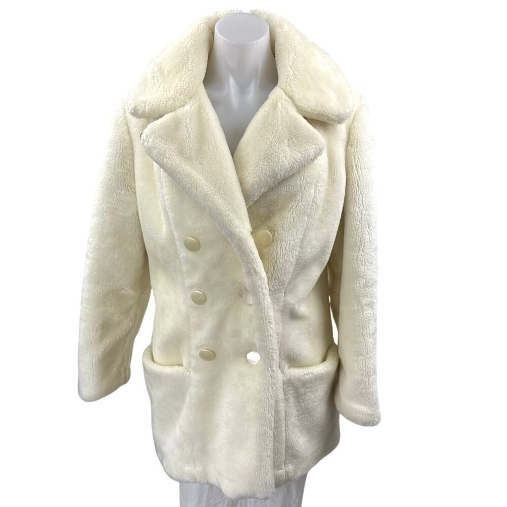 Vintage White Stag White Faux Fur Double Breasted Long Sleeve Coat Jacket Size S